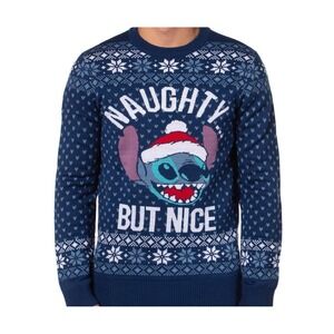 Disney Stitch Men's  XL Funny  Christmas Sweater Naughty But Nice Snowflakes New